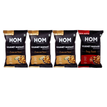 Gourmet Makhana (Pack of 4) with flavors of 3 cream & Onion and 1 Tangy Tomato (14g x 4) - 56 gm