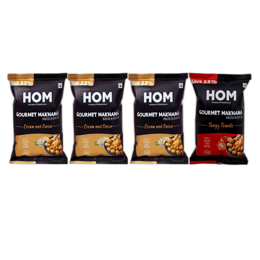 Gourmet Makhana (Pack of 4) with flavors of 3 cream & Onion and 1 Tangy Tomato (14g x 4) - 56 gm