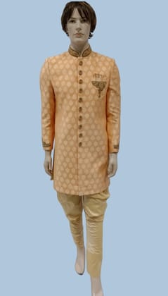 Mens Wedding Wear Jacquard Self Work Indo Western Suit-4126 / Peach / 40