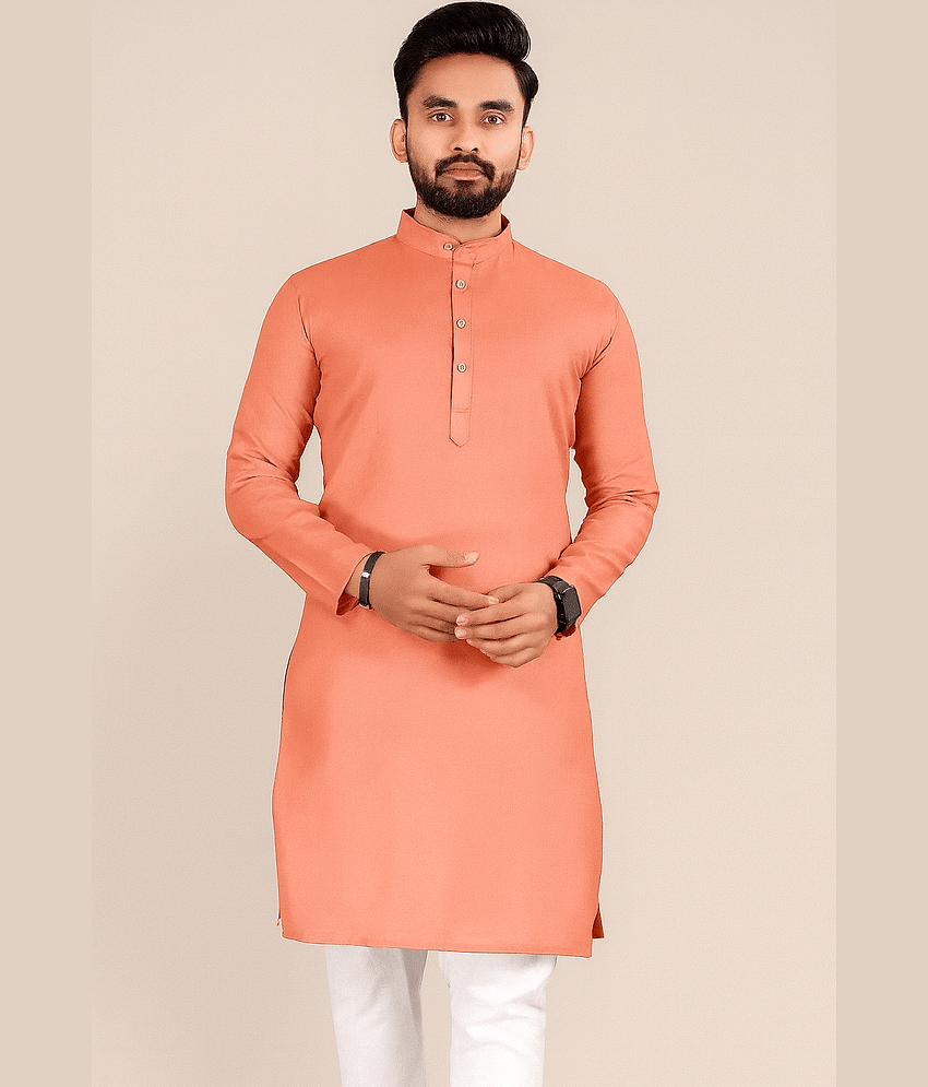 Balaji's Cotton Blend Plain Regular Kurta For Men ( Peach )