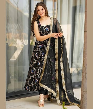 Eeloo Women Silk Blend Embroidered Straight Kurti With Pants ( Black )