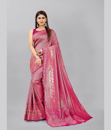 Gazal Fashions Banarasi Silk Embellished Saree With Unstitched Blouse Piece ( Pink )