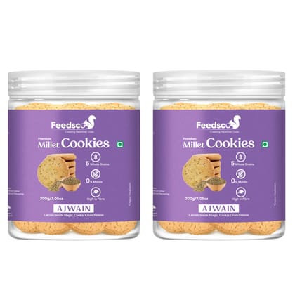 Feedsco Millet Ajwain Cookies  (200g x 2 Packs) - Multigrain, Premium Handmade Healthy Snack Biscuits | No Preservatives | Ideal Kids Snack, Tiffin Box Treat
