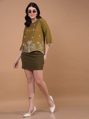 Women's Olive Floral Print 100% Cotton Shirt-M / Olive