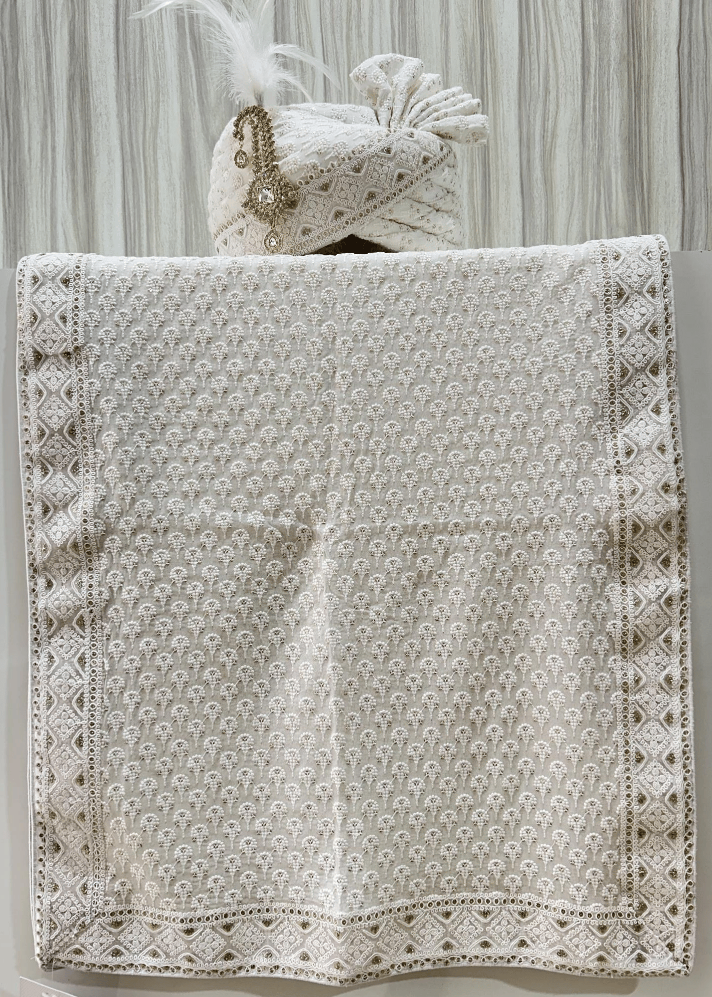 OFF WHITE CHICKENKARI  SAFA DUPATTA SET (ONPAPER PATTERN)