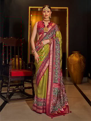 Olive Green Pure Sigma Silk Woven Designed Printed Patola Saree