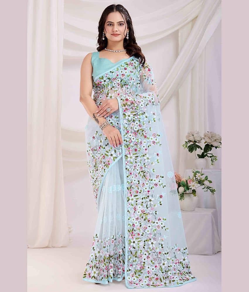 JULEE Net Embroidered Regular Saree With Unstitched Blouse Piece ( Sky Blue )