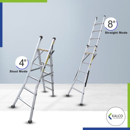 Multipurpose Wall Supporting & Stool Type Foldable Aluminium Ladder, Flat Steps (Model: K-7006, Height: 4ft + 8ft in Medium )