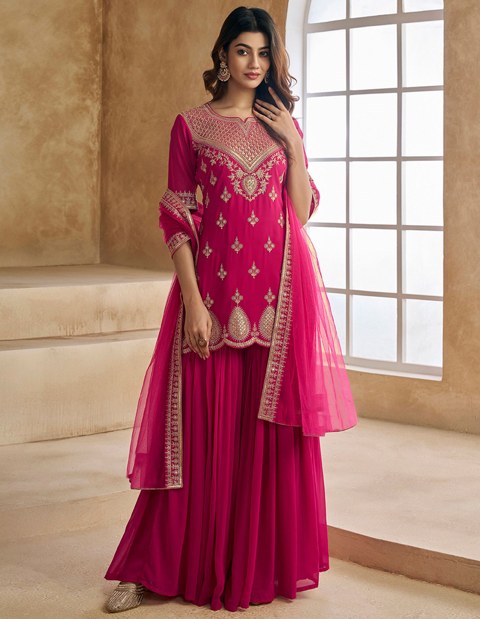 Womens Kurta sharara Dupatta Set Pink Rabia Suit