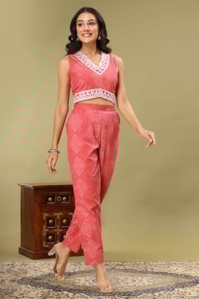 Coral Chunri Print Blouse & Pant Set-M