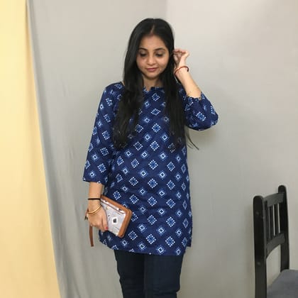Blue Square Bandhani Short  Kurti  - Pure Cotton-36 - S