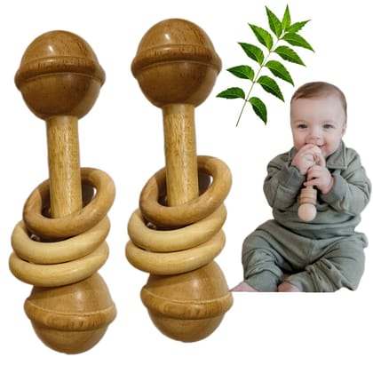 Shreeja Shilpcraft Neem Wooden Baby Rattle Toy, Natural Montessori Teething Dumbbell with Ring, Set of 2 Shreeja Shilpcraft Neem Wooden Baby Rattle Toy, Natural Montessori Teething Dumbbell with Ring, Set of 2