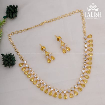 American Daimond Necklace Set with Earrings-Yellow