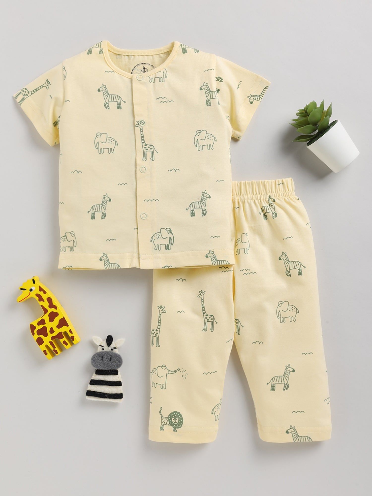 Cute Animal Print Yellow Half Sleeve Cotton Nightwear Set-3-6 m