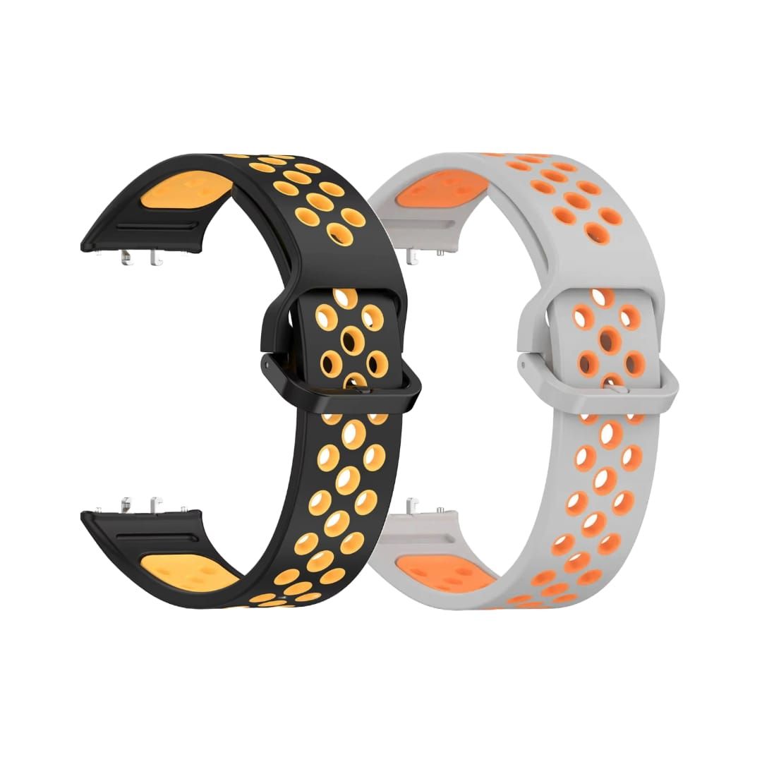 Valente Breathable Silicone Sport Strap for Samsung Galaxy Fit 3 – Comfort and Durability Combined (Pack of 2)-Black & Yellow + Grey & Orange