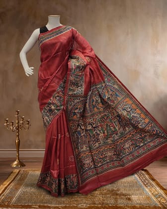 Madhubani Silkmark Gicha Tussar Silk Ruby Red Saree