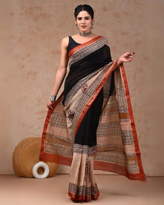 Radiant Maheshwari Pure Silk Black Saree Blockprint