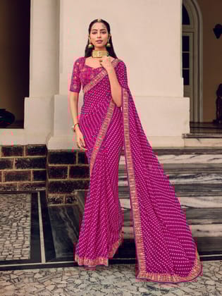 Magenta Georgette bandhni Print Embroidery Border Saree