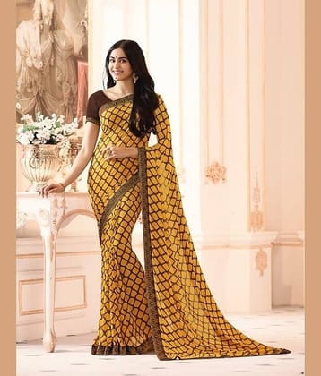 Gazal Fashions Georgette Printed Saree With Unstitched Blouse Piece ( Yellow )