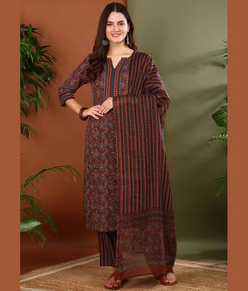 Yash Gallery Cotton Printed Kurti With Pants Women's Stitched Salwar Suit - Maroon ( Pack of 1 )