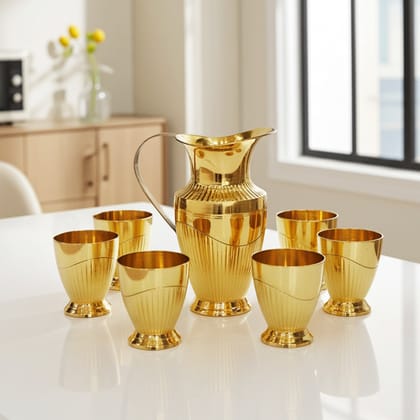 Brass Water Jug + 6 Glasses Set | Elegant Dining Beverage Set, Height : 8 Inch (ZMAS234 B)