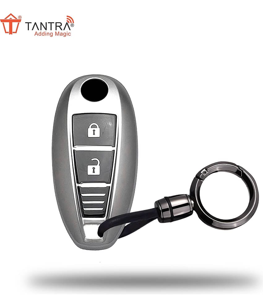 TANTRA TPU Key Cover and Metal Keychain Compatible for Maruti Suzuki Baleno | Ciaz | Swift | Ertiga | Ignis | Ritz | S-Cross | SX4 | Vitara Brezza 3 Button Smart Key Cover (Grey)