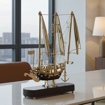 Brass & Wooden Ship Model – Nautical Home Interior Decor, Height : 12 Inch (MRMAS227 B)