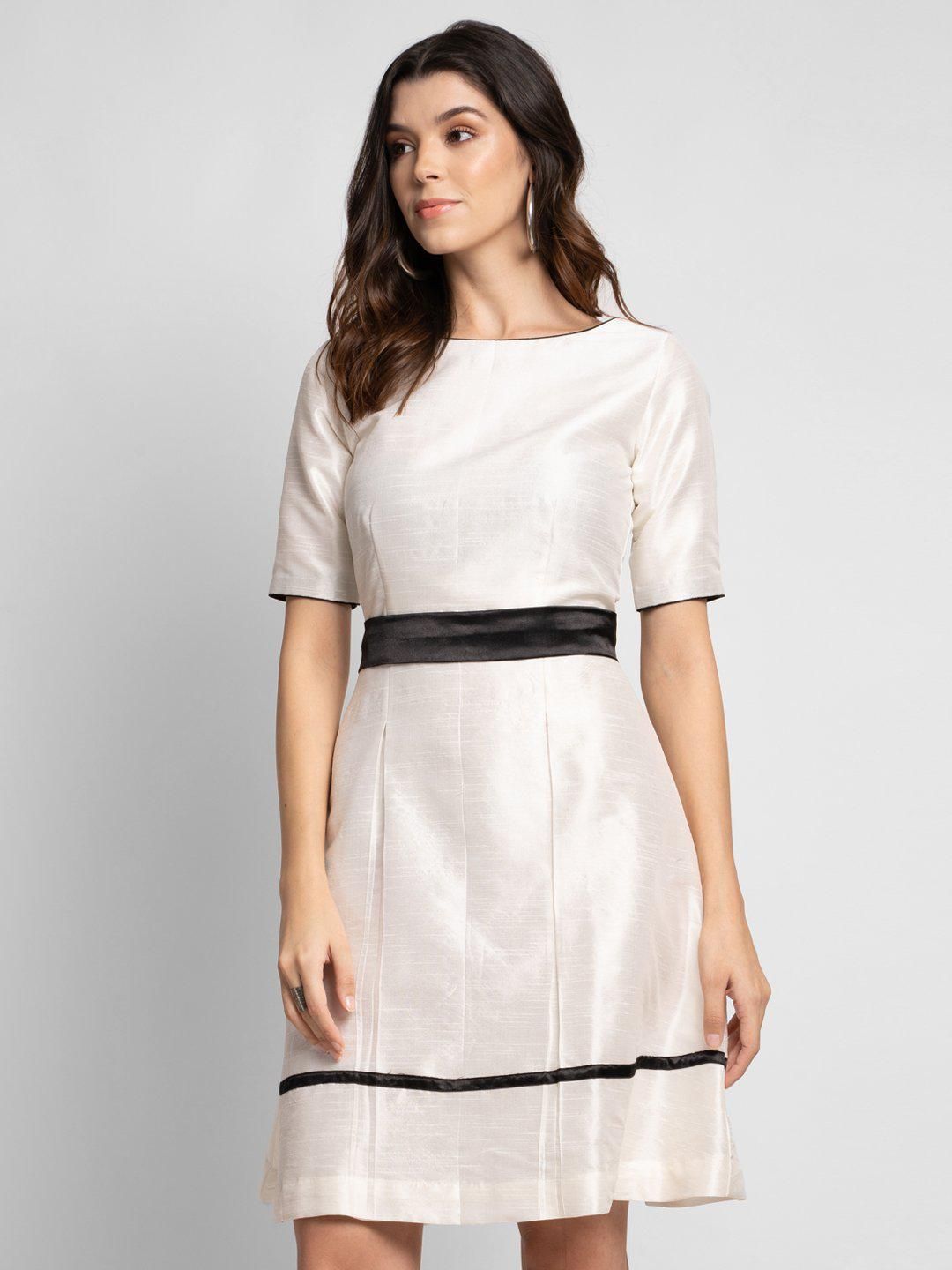 Dupioni Evening Fit and Flare Dress - Creamy White-XS