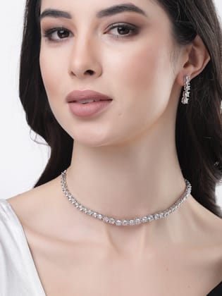 NVR women silver plated CZ stone handcrafted jewellery set-Onesize / Silver / Brass