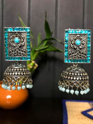 Designer Beaded German Silver Earrings- Blue