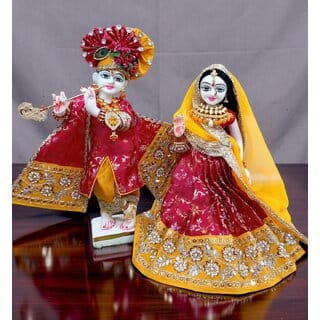 Handcrafted Radha Krishna Poshak | Maroon Yellow Banarsi Silk Deity Outfit