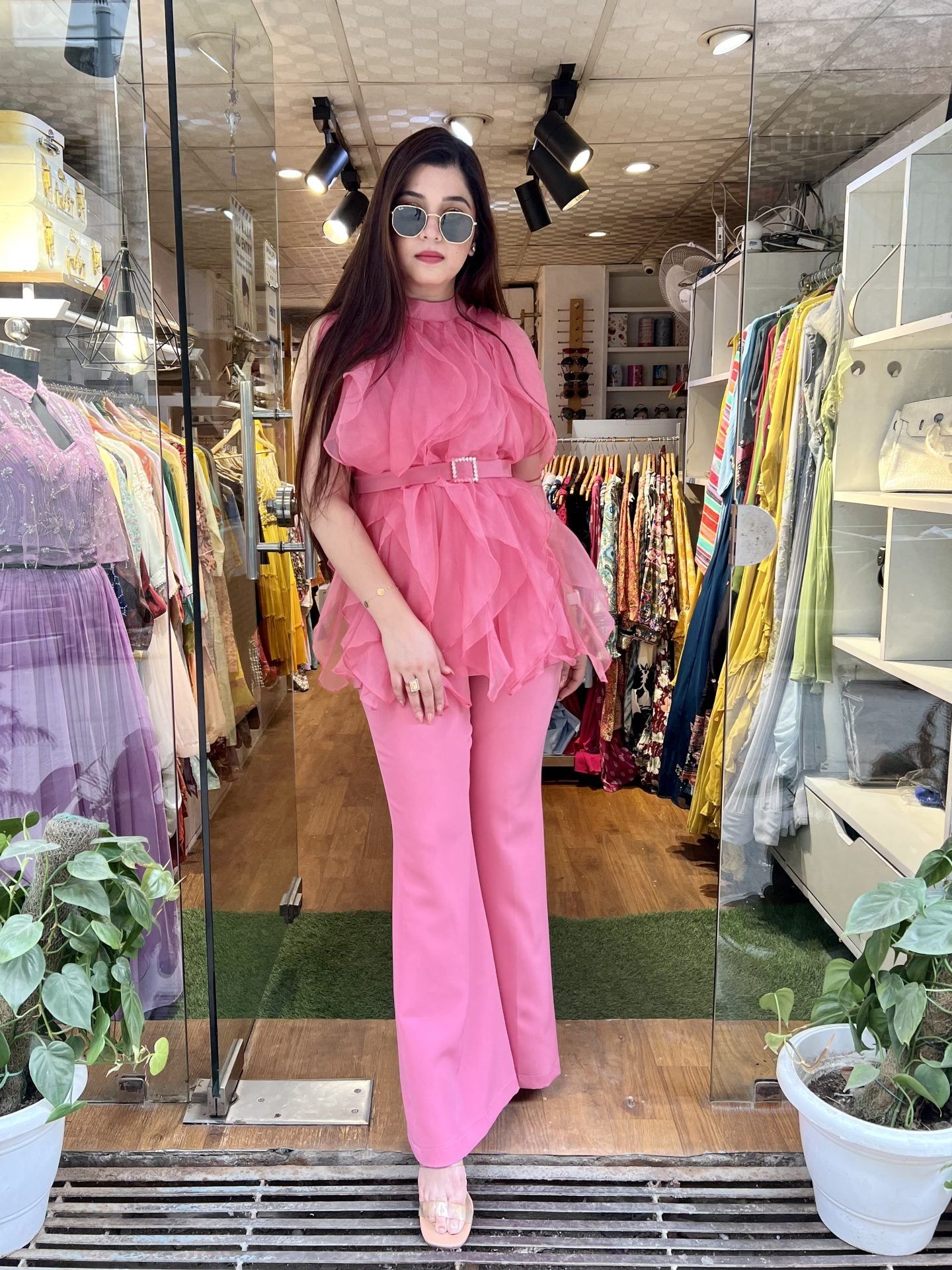 Aremila Pink Frill Cordset With Crystal Belt-3XL