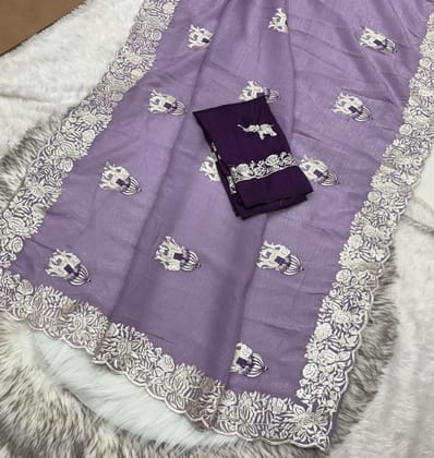 Latest Crunchy Crush Silk Embroidery Work Fancy Designer Wedding Wear Saree With Blouse-Purple