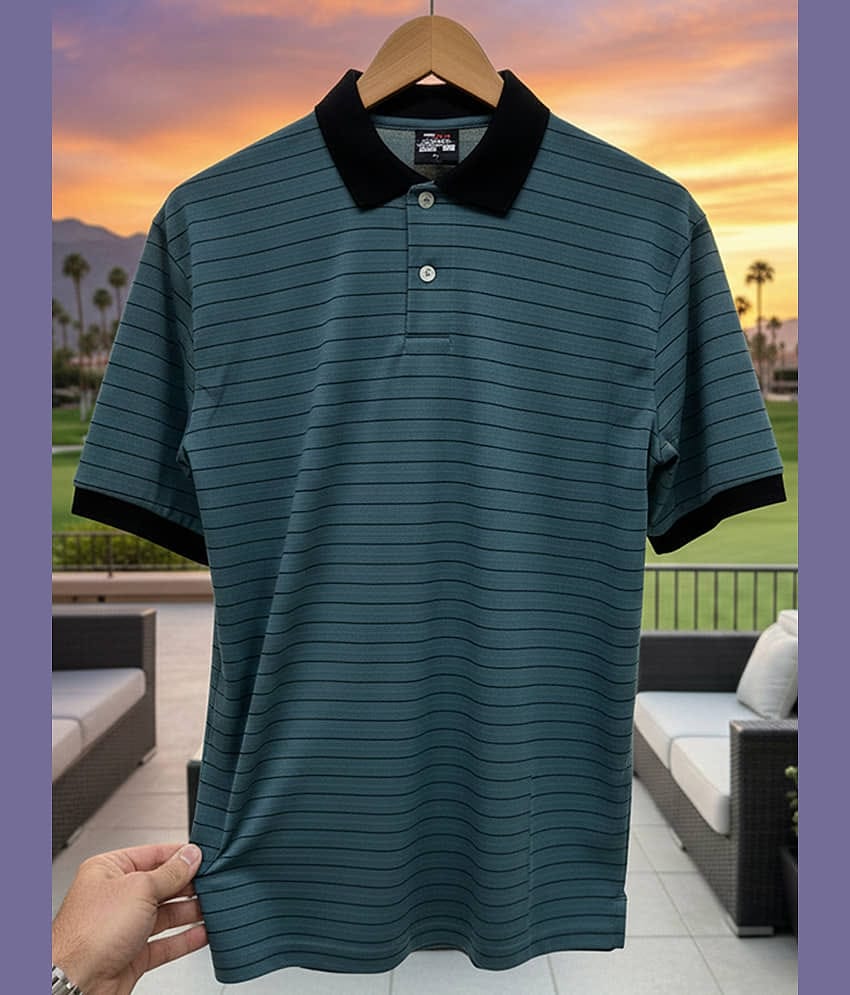 GET GOLF Men Cotton Blend Regular Fit Striped Polo T Shirt ( Blue )