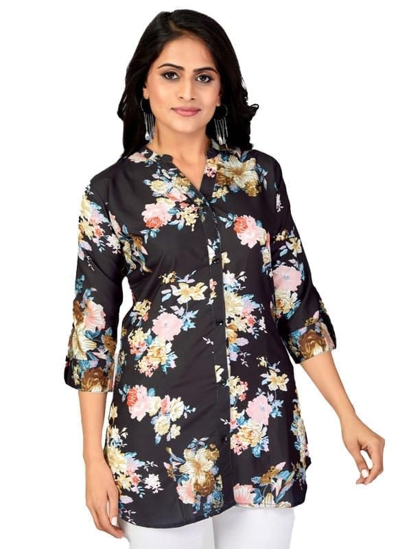 Women's Poly Crepe Mandarin Collar 3/4 Sleeves Short Top (Black, M)-PID56264