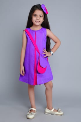 Sleeveless Purple and Pink Aline Dress with Sling and Matching Bow Clip -Purple & Pink-1-2Y / Purple