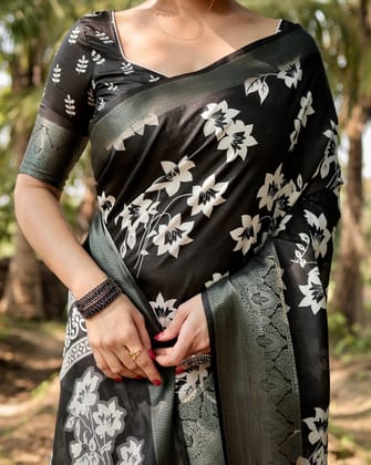 Elegant Black Tussar Silk Saree with Zari Embellished Border and Bold Floral Pallu-Regular