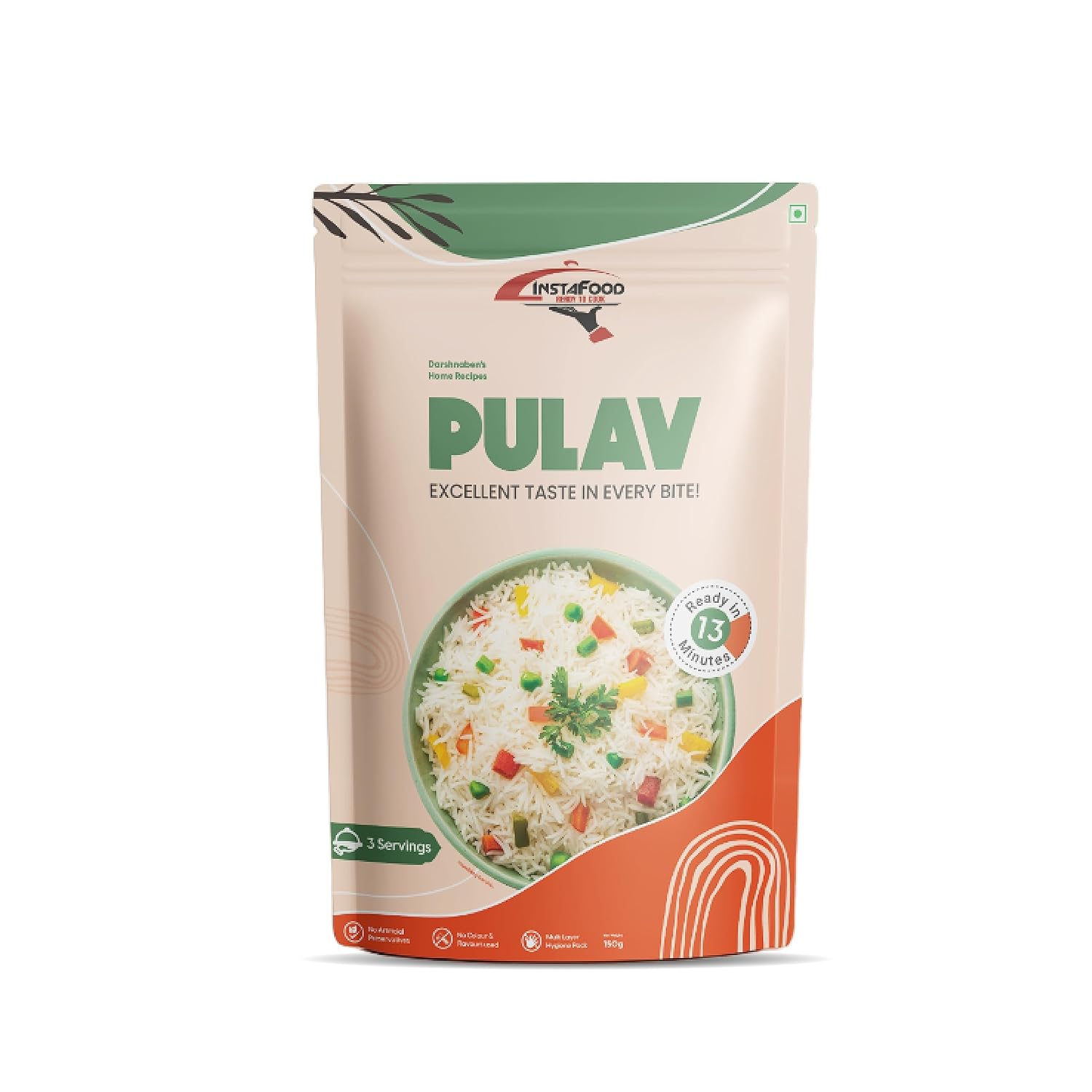 INSTAFOOD Pulav | Ready to Eat Meal | Ready to Cook | 3-4 Servings | After Cooking Gets 500 gm to Serve | Zip Lock Packaging | Vegetarian Meal|Easy to Make Just Add Water and Cook, 150 gm