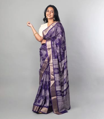 Violet Woven Dola Synthetic Saree Printed With Abstract Motifs-Violet