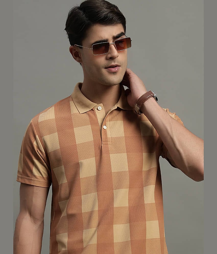 GET GOLF Men Cotton Blend Regular Fit Checks Polo T Shirt ( Beige )