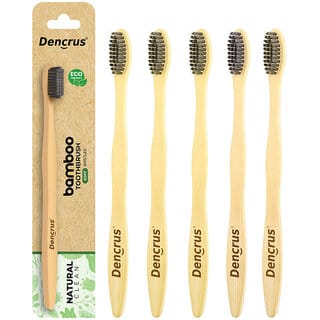 (Pack of 5) DENCRUS Natural Bamboo Toothbrus Charcoal Activated Soft Bristles for Gentle Cleaning