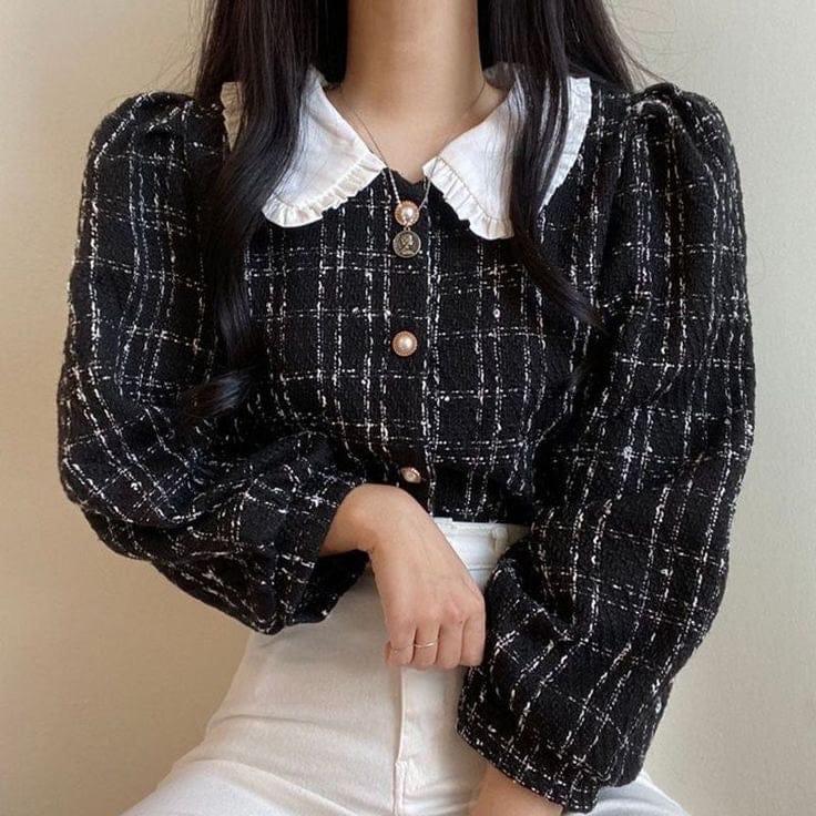 Peter-pan Tweed top-Black / XS