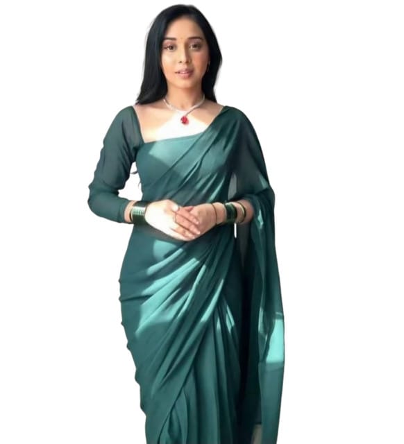 Generic Women's Georgette Solid Plain Saree with Unstitched Blouse Piece, Soft Lightweight 5.5 m Sari for Party, Office and Everyday Wear (Dark Green, Design 67576)