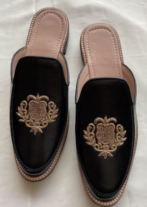 Black Hand Embroidery Leather Slip-Ons for Mens-Black