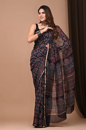 CHANDERI SILK BAGRU PRINT SAREE WITH ZARI BORDER