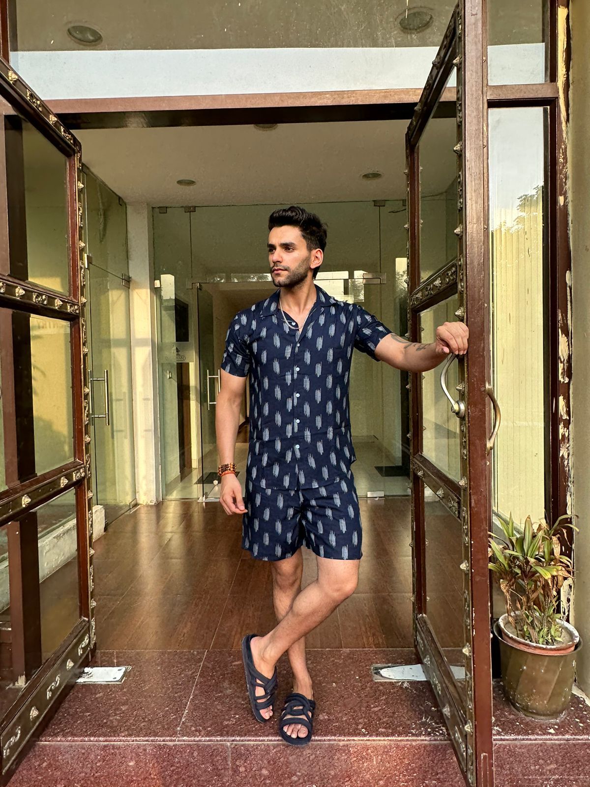 Navy White Printed Rayon Co-Ord - M