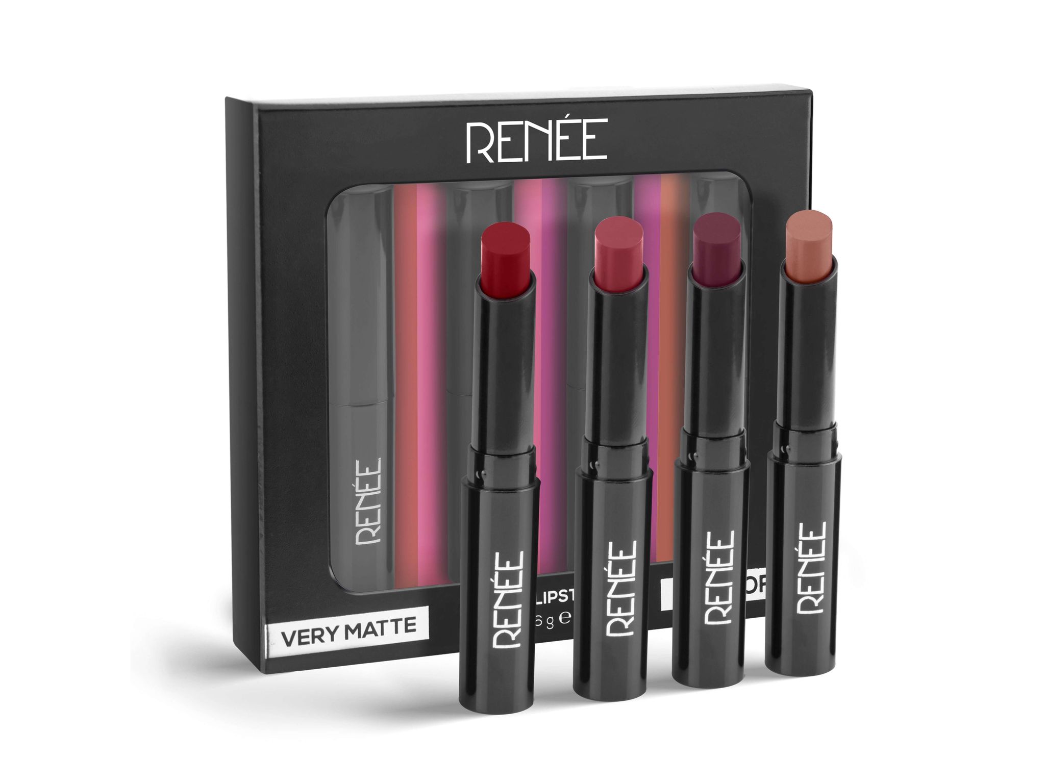 RENEE Very Matte Pack of 4 Matte Lipsticks 1.6gm each, Long Lasting & Weightless, One Swipe Application - Very Matte