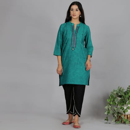 Teal Solid short kurta with neck detailing-XS