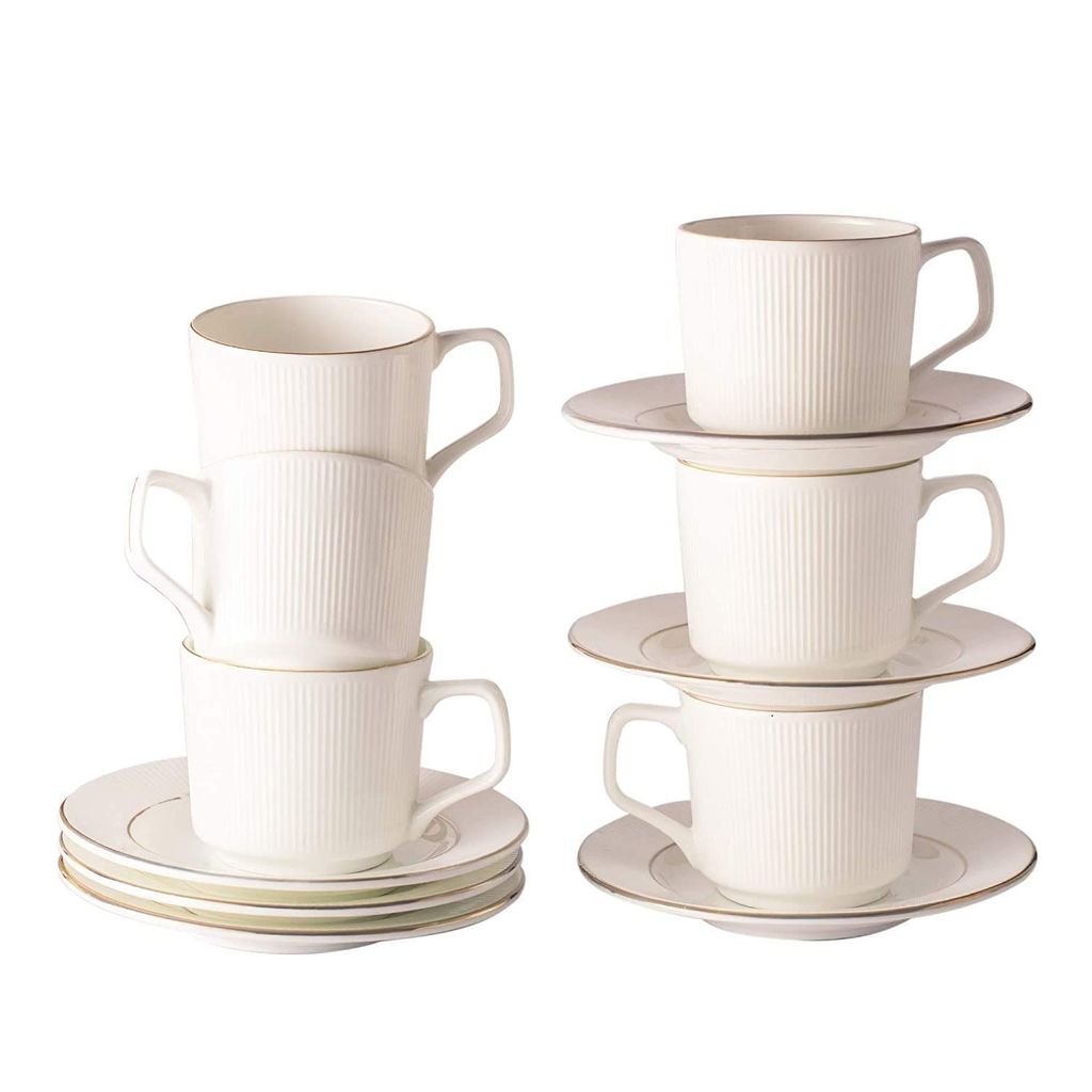 Femora Indian Ceramic Gold Line with Vertical Bar White Tea Cups, Mugs and Saucer-200 ml - Set of 6 (6 Cups, 6 Saucer)