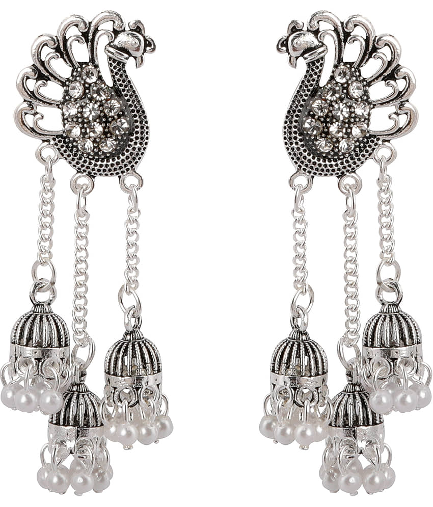 SILVER SHINE  Dazzling Silver Peacock Tassel Jhumki Earrings for Women